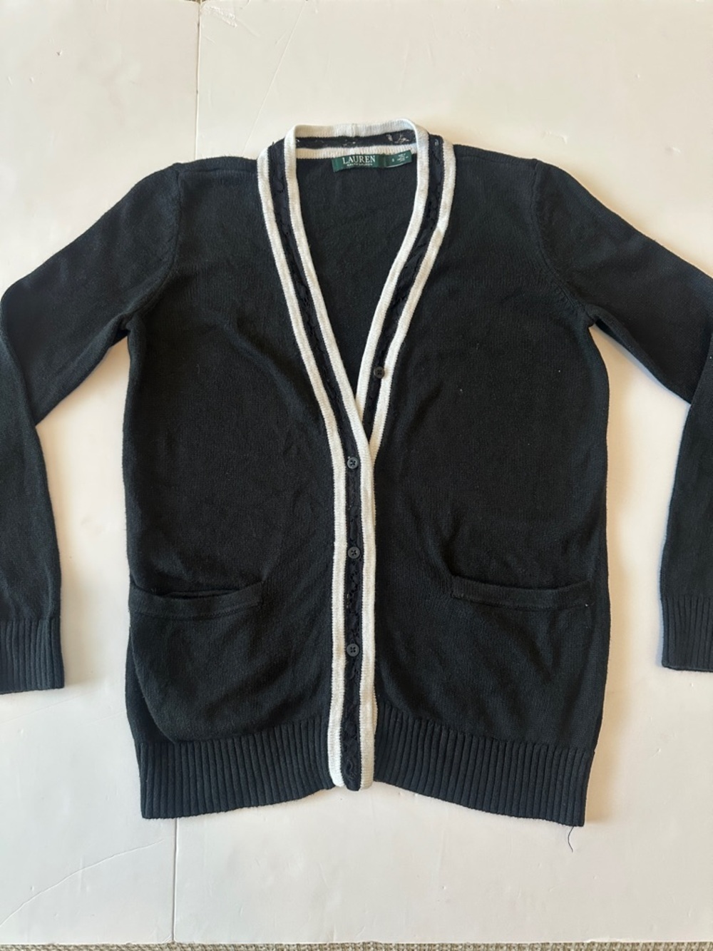 Lauren Ralph Lauren Black S Varsity button up Cardigan White Trim & Lace - Picture 2 of 6
